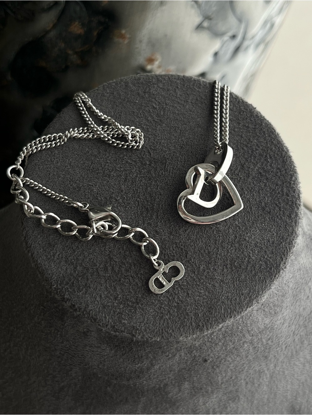 Authentic Vintage Dior “D” Logo Monogram Heart Openwork Silver Chain Necklace